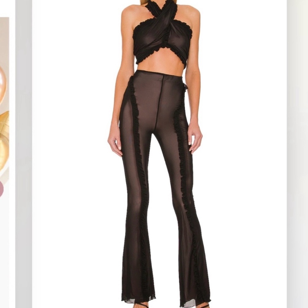 MAJORELLE Demi Halter Crop Top & Demi Pants Set Black Tan Mesh Ruffle Small